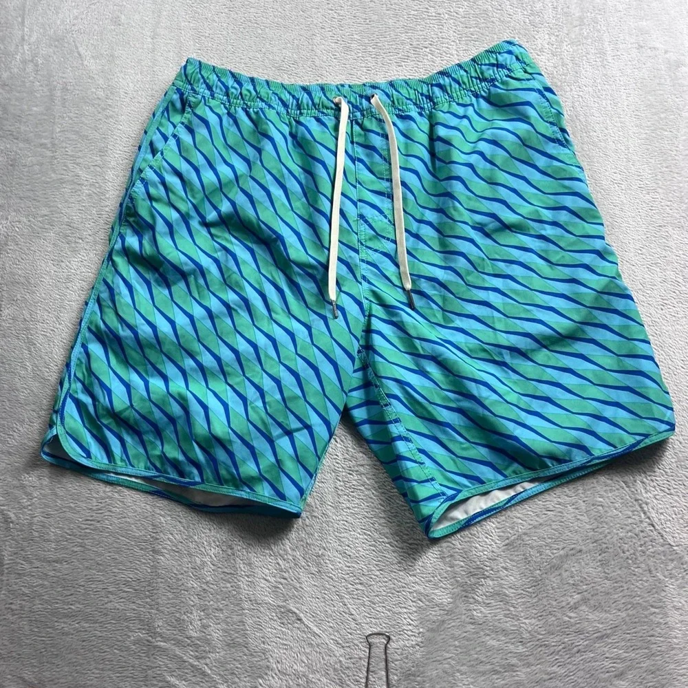 Fair Harbor Mens Blue Teal Geometric Swim Trunks Board Shorts XL 7 Inch Inseam